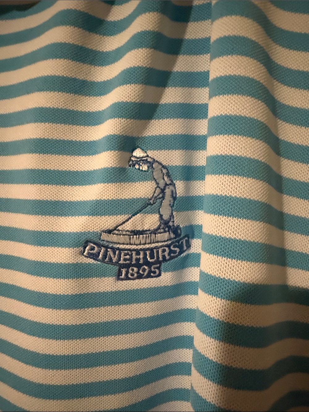 Peter Millar Men's Aqua and White Striped Pinehurst 1895 Polo - Picture 3 of 4